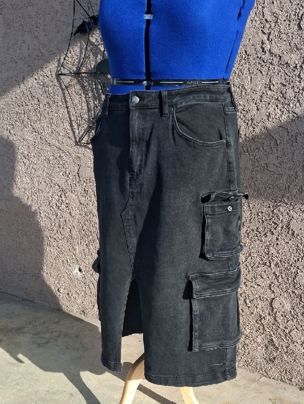 Black Womans Cargo Denim Skirt with Utility Pockets - Picture 3 of 7